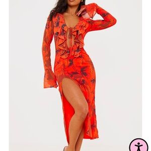 Red Floral Print Chiffon Frill Detail Midi Dress - Size 6 (M)